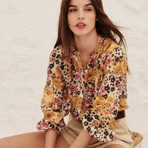 ba&sh Doddy Floral Print Cotton Blouse in Ocre Size 2